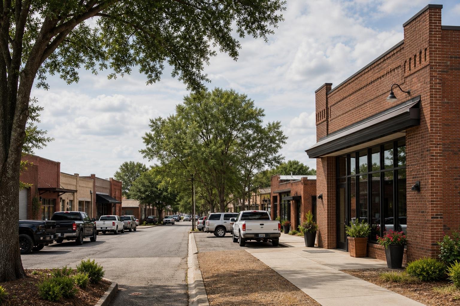 Quiet brick storefront street with parked pickup trucks and trees under a cloudy sky.